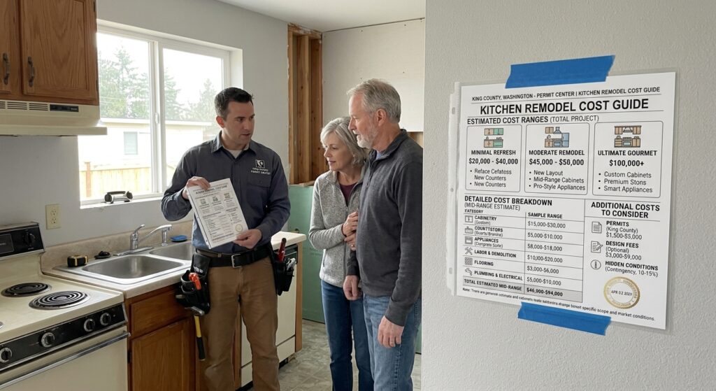 In this picture a contractor is explaining the cost & budget options to an older couple who are looking to remodel their home.