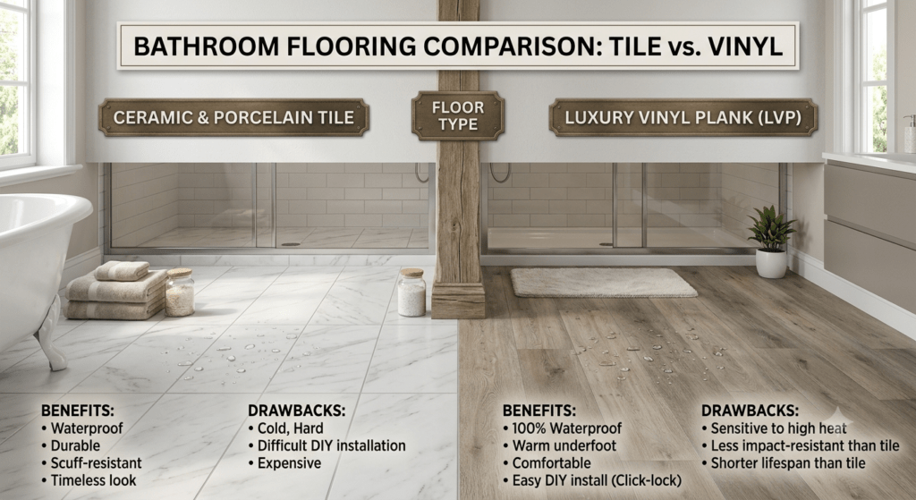 A picture explaining the difference between Tile vs. Vinyl Flooring for Bathroom
