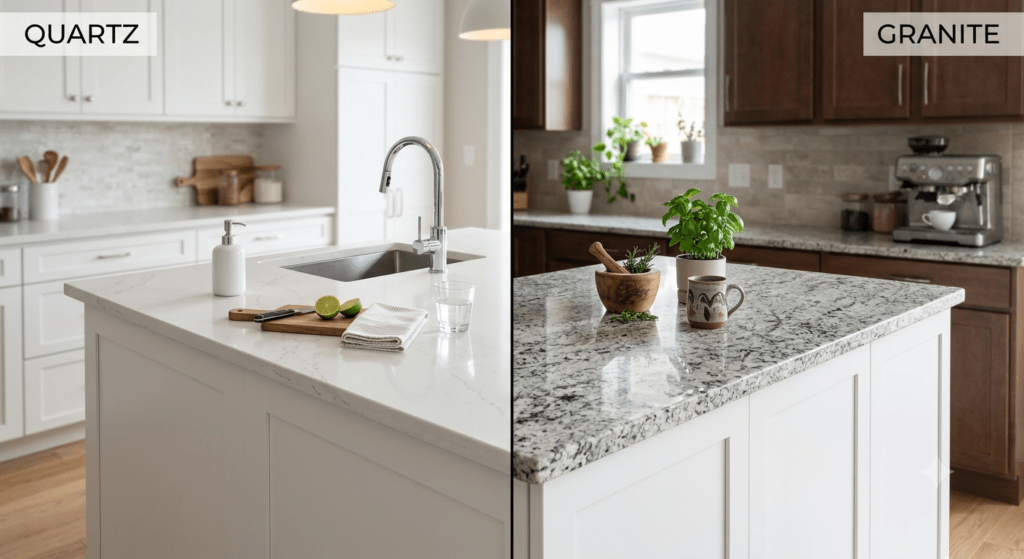 Picture of a comparison between Kitchen Quartz & Granite Countertops