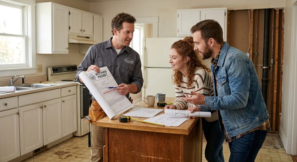 A Contractor showing the homeowners a kitchen permit for a remodel