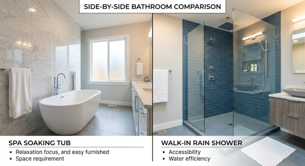 a picture of a comparison between tub and shower in bathrooms