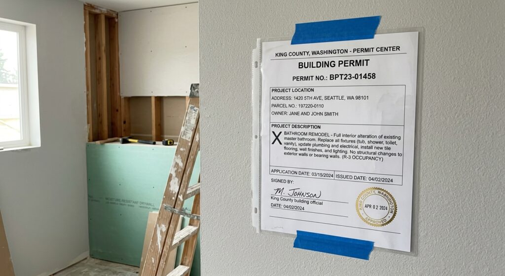 A picture of an approved permit for bathroom remodeling by King COunty